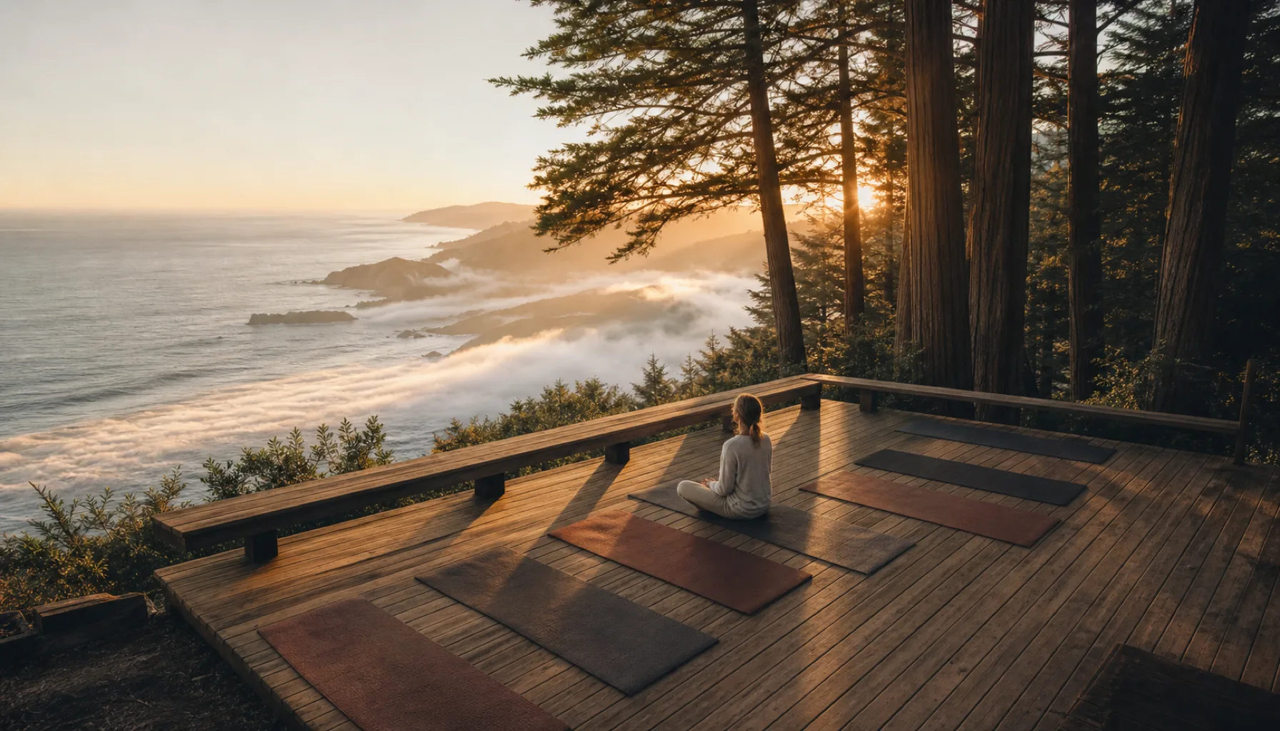 Yoga deck on a Big Sur cliffside at golden hour, mats facing the Pacific